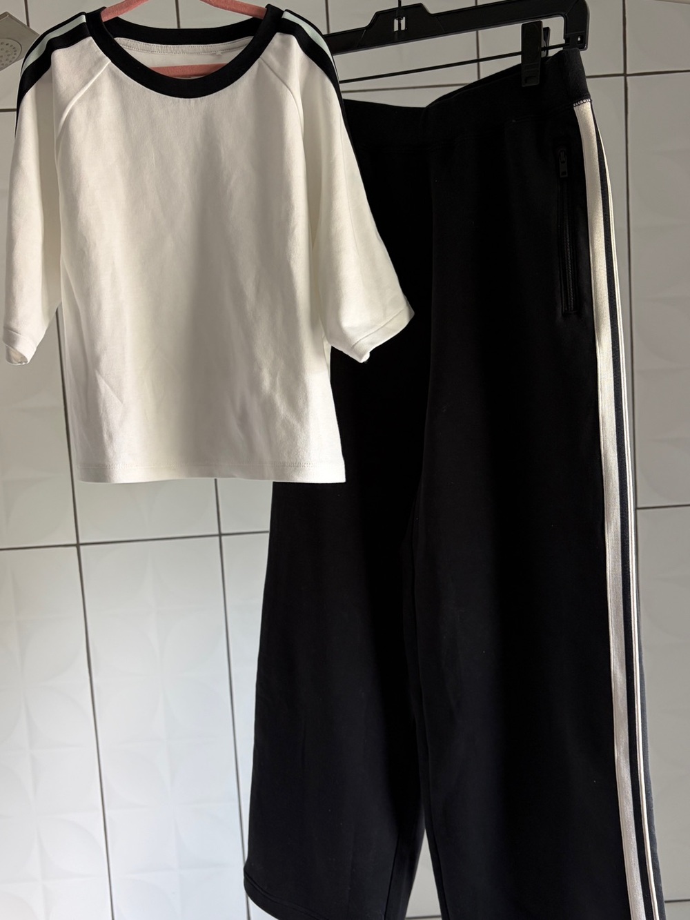 Uniqlo Kids White & Black Short Sleeve Top with DRY Black Wide-Leg Stripe Pant